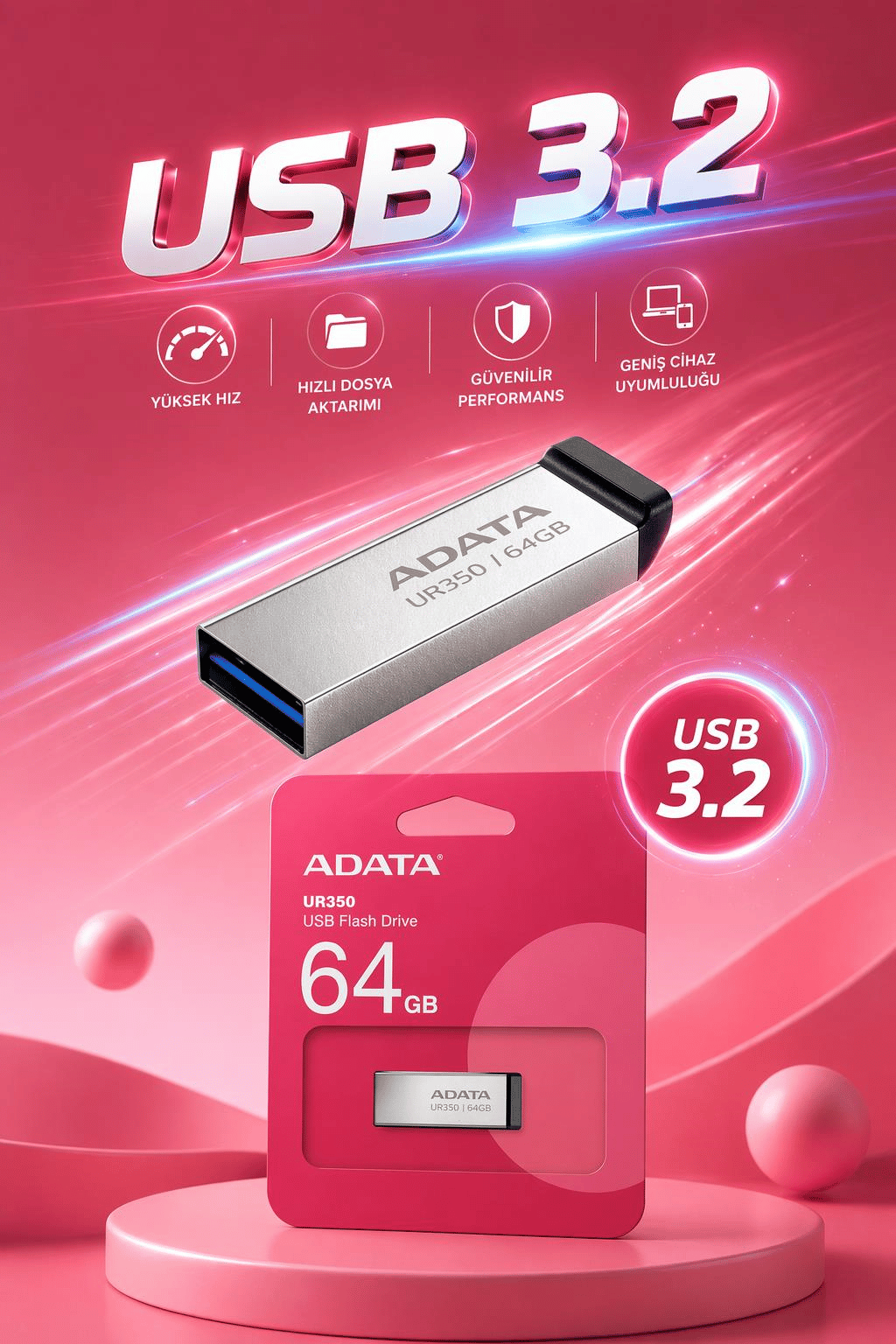 Adata UR350/64G 64GB USB 3.2 Gen1 Metal Flash Bellek