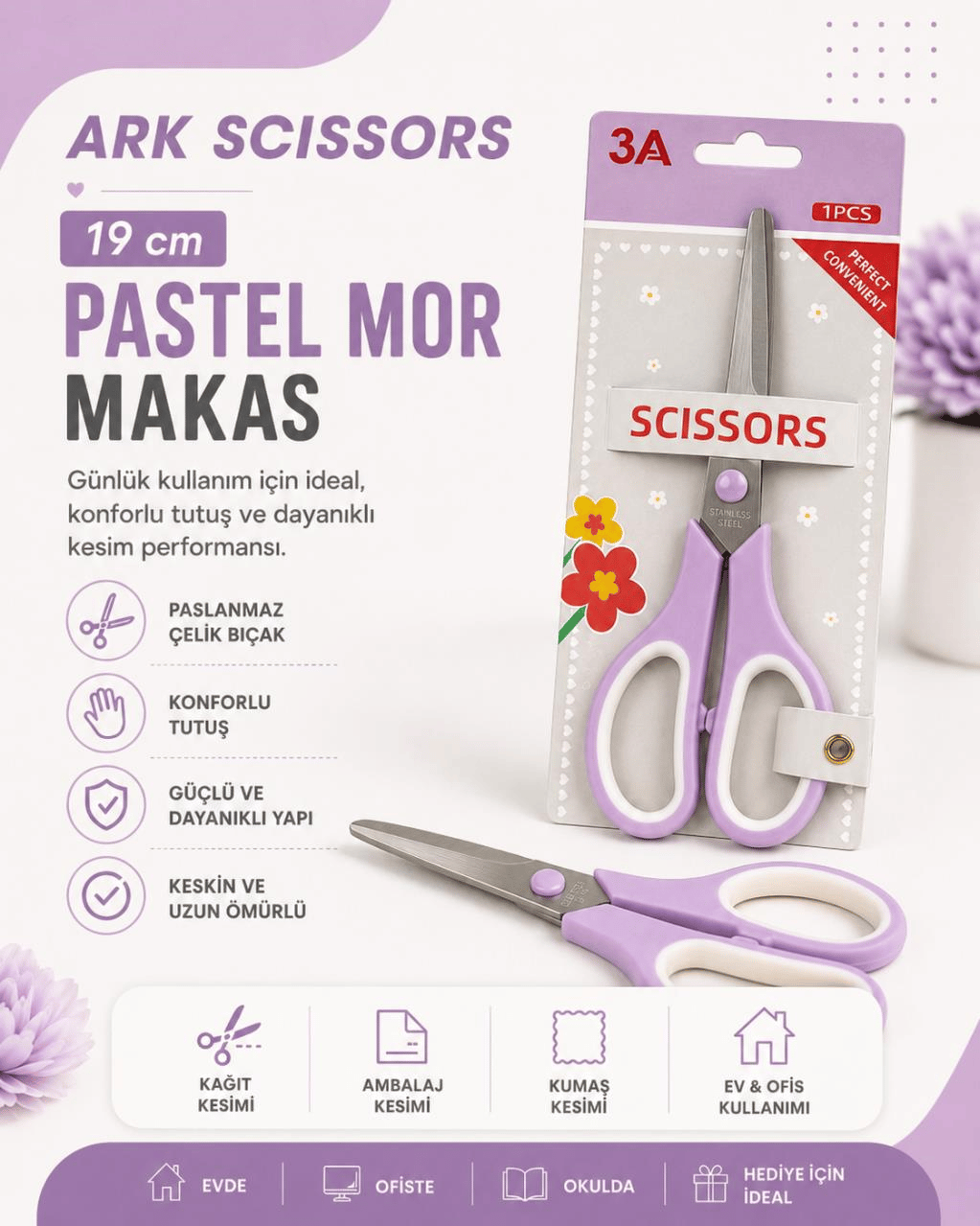 Ark SCISSORS 19 cm Pastel Mor Makas