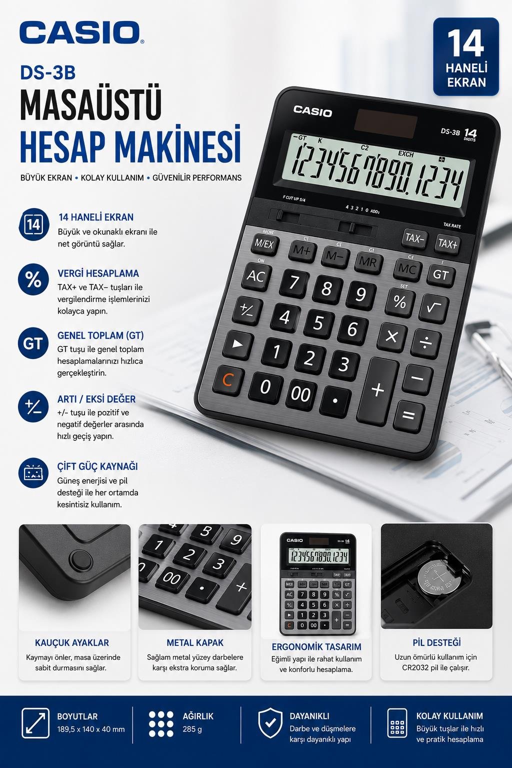 Casio DS-3B 14 Haneli Masaüstü Hesap Makinesi – Geniş Ekranlı, Sessiz Tuşlu, Güneş ve Pilli