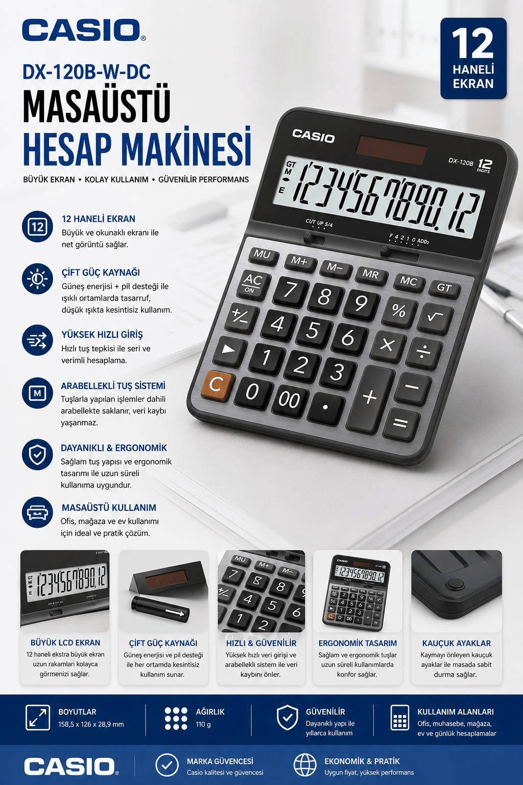 Casio DX-120B-W-DC 12 Haneli Çift Güç Kaynaklı Ekonomik Masaüstü Hesap Makinesi