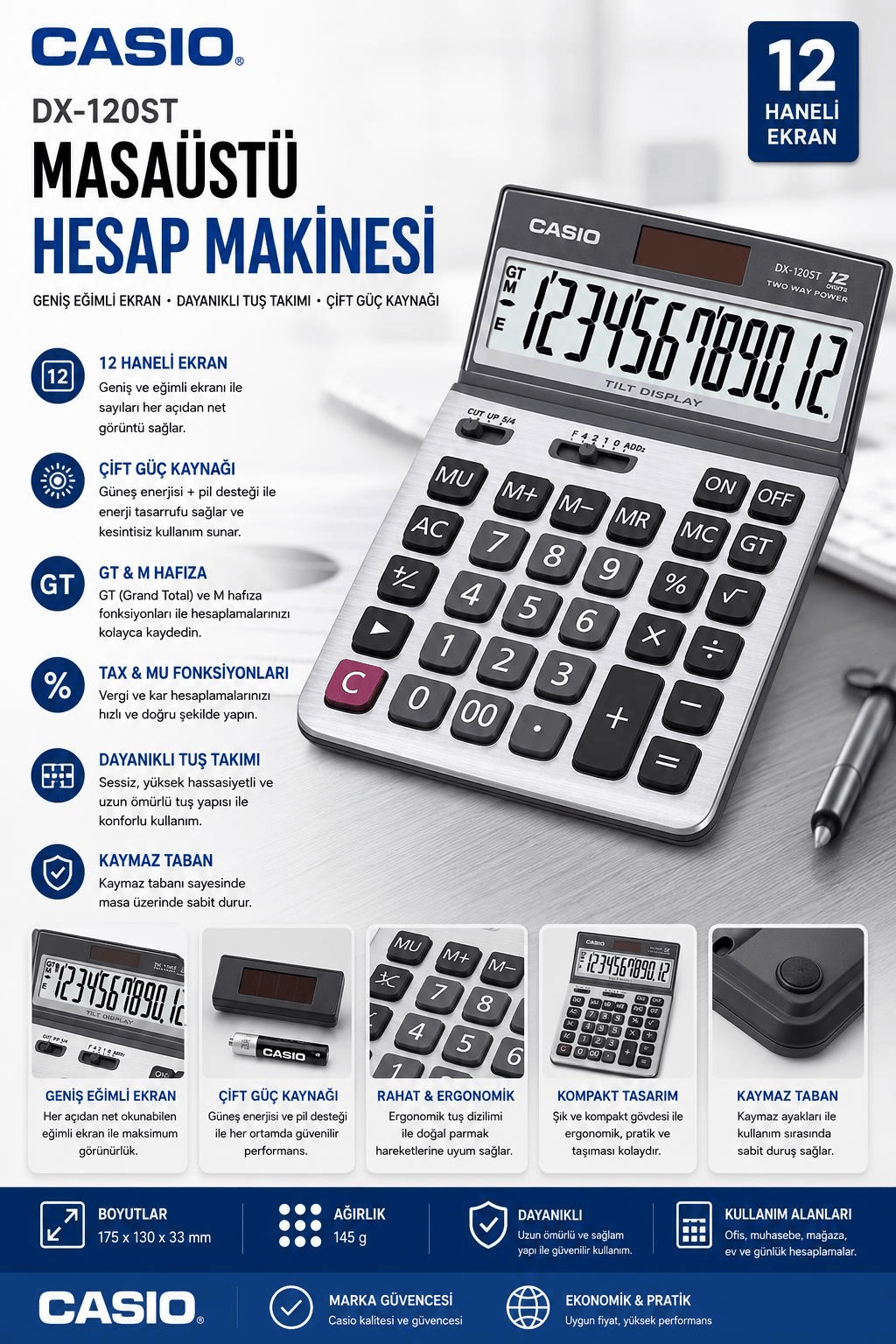 Casio DX-120ST 12 Haneli Masaüstü Hesap Makinesi Oynar Başlıklı