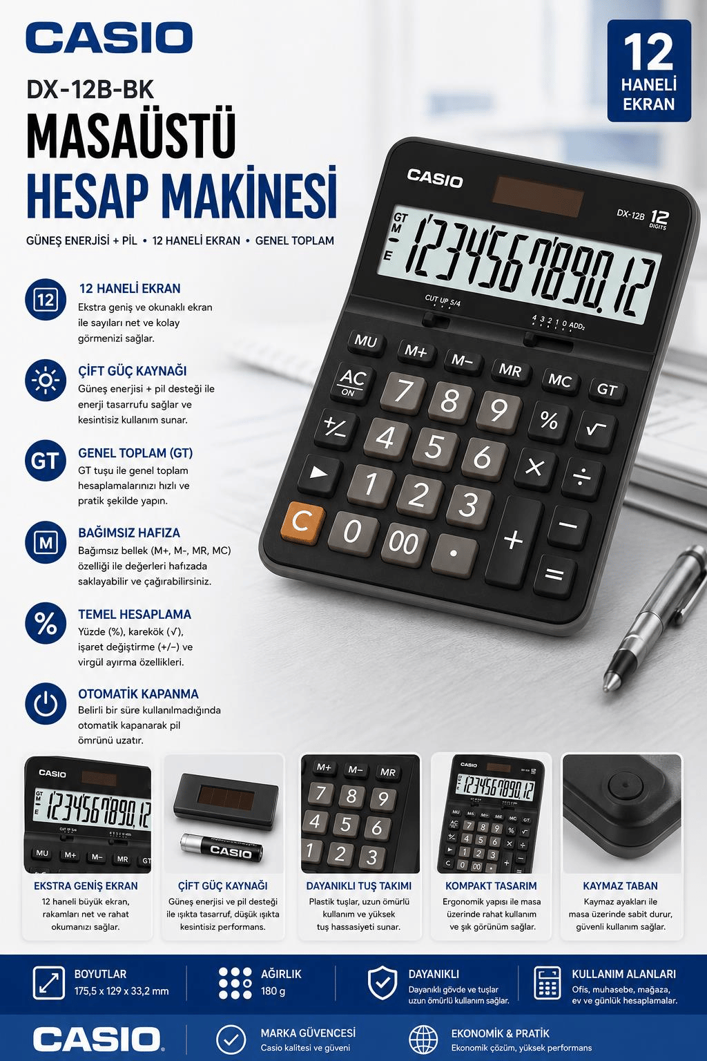 Casio DX-12B 12 Hane Masa Üstü Hesap Makinesi