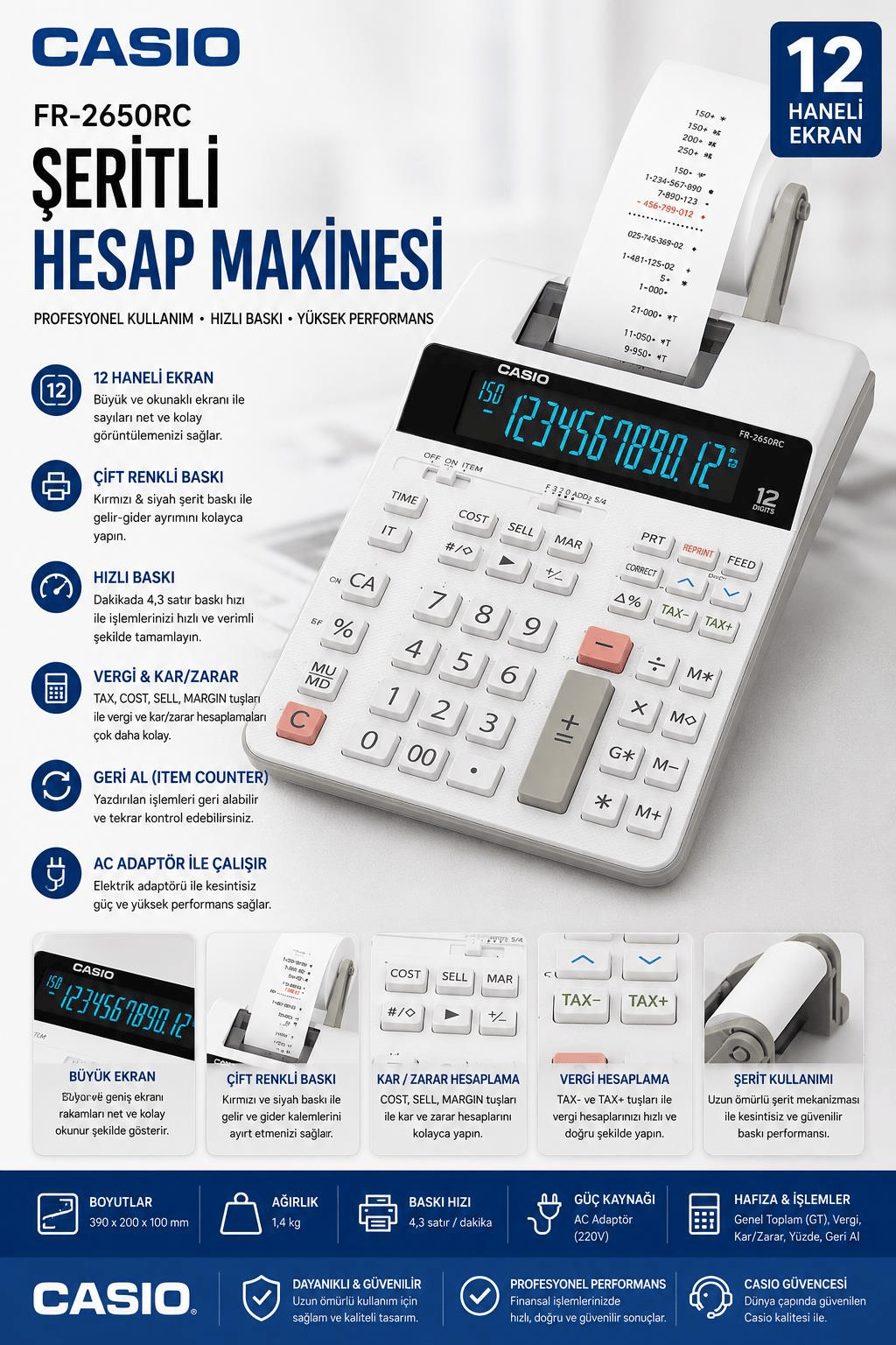 Casio FR-2650RC 12 Hane Şeritli Hesap Makinesi