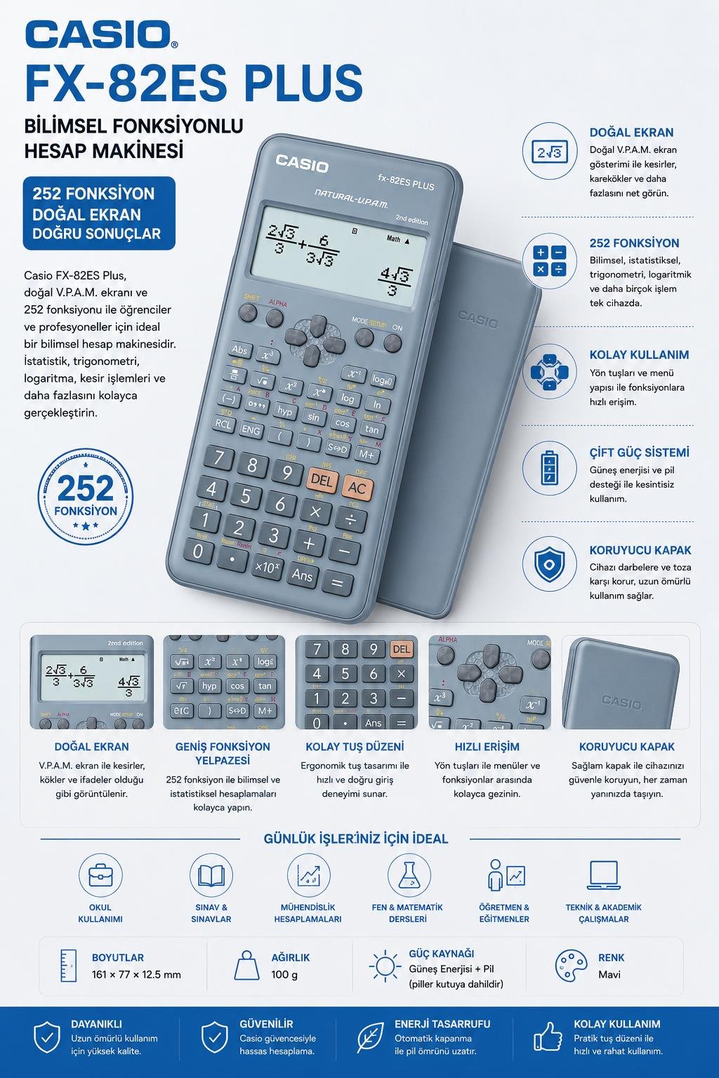 Casio FX-82ES Plus Mavi Bilimsel Fonksiyonlu Hesap Makinesi