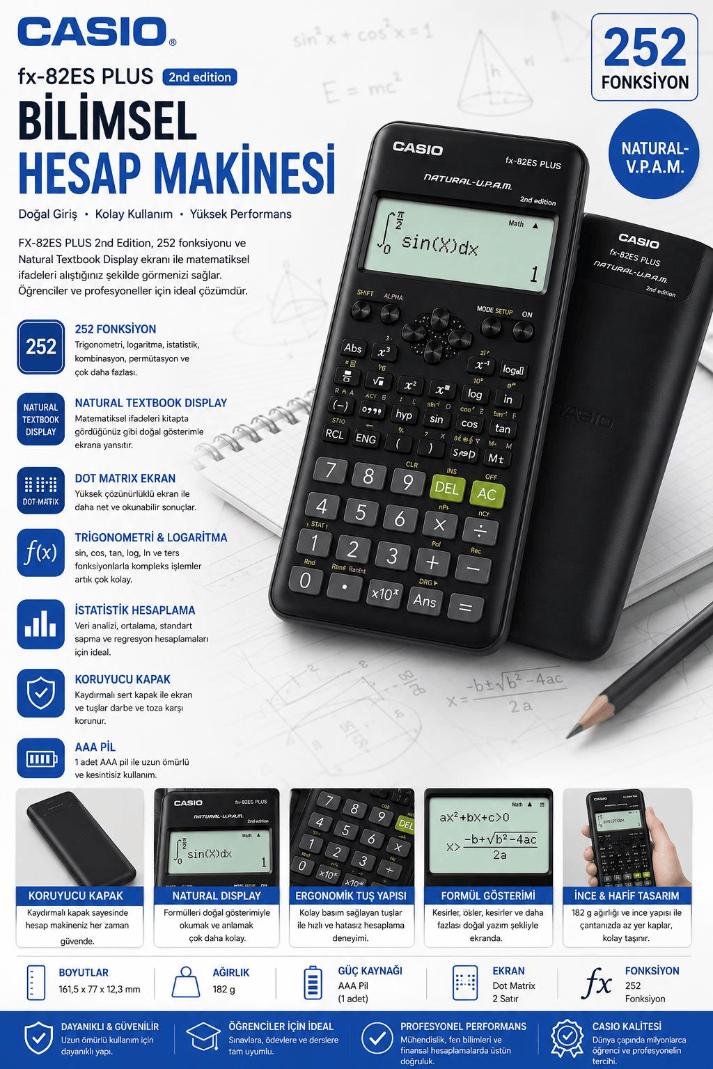 Casio FX-82ES Plus Siyah Bilimsel Fonksiyonlu Hesap Makinesi 2.Versiyon
