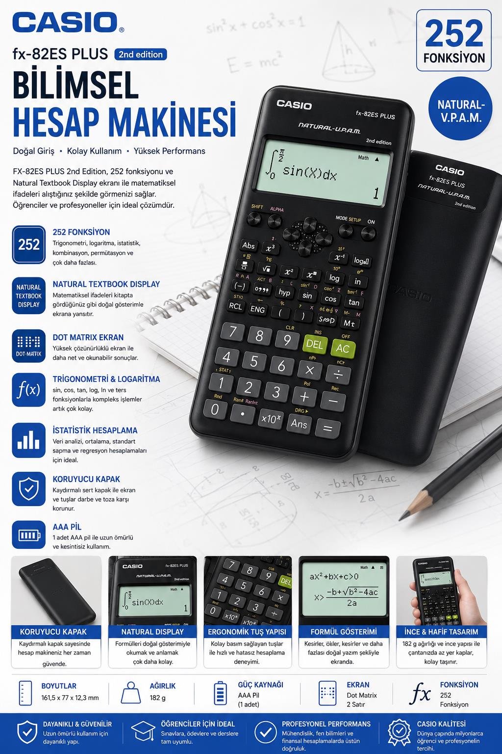Casio FX-82ES Plus Siyah Bilimsel Fonksiyonlu Hesap Makinesi 2.Versiyon