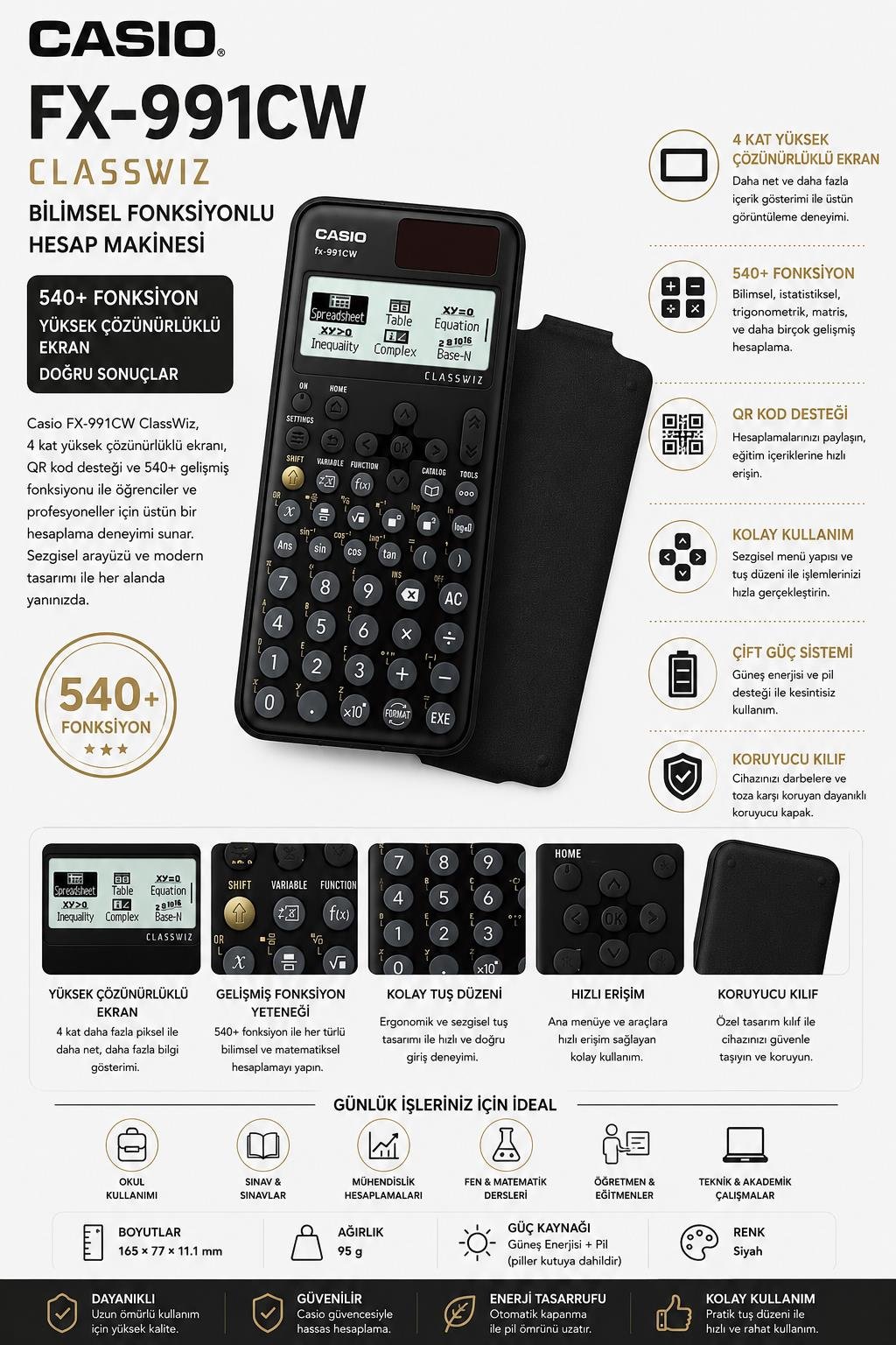 Casio FX-991CW-W-DT ClassWiz Bilimsel Hesap Makinesi – 4 Kat Yüksek Çözünürlüklü Ekran, QR Kod Destekli, Gelişmiş Fonksiyonlar