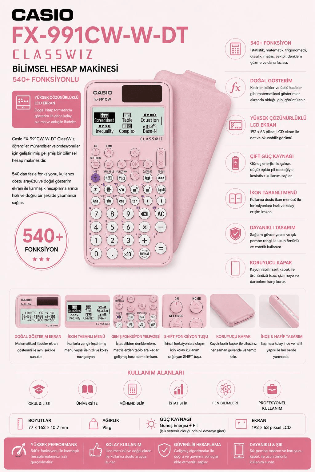 Casio FX-991CW-W-DT ClassWiz Pembe Bilimsel Fonksiyonlu Hesap Makinesi