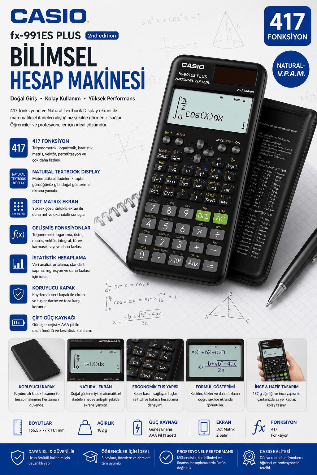 Casio FX-991ES PLUS 2nd Edition Bilimsel Hesap Makinesi – 417 Fonksiyonlu, Güneş Enerjili ve Pil Destekli - Siyah