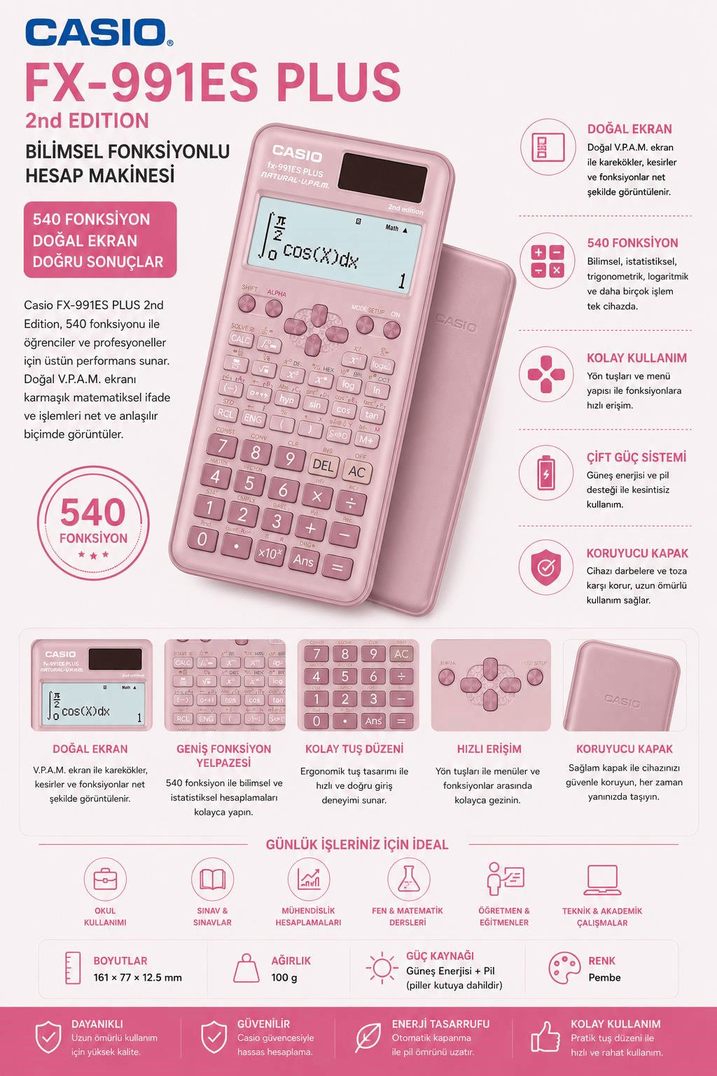 Casio FX-991ES PLUS PK Pembe Bilimsel Hesap Makinesi – 540 Fonksiyonlu, Güneş Enerjili ve Pil Destekli - Pembe