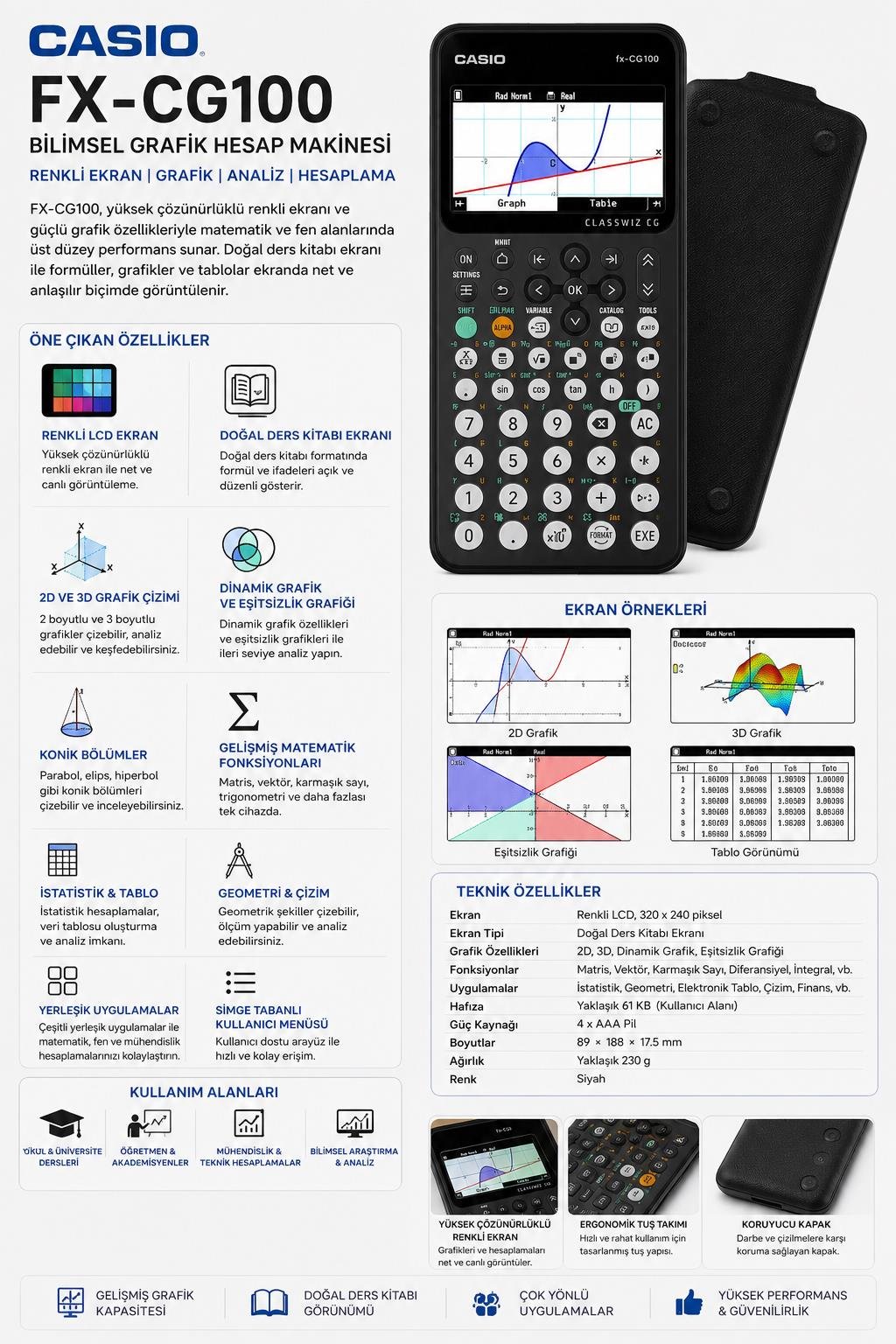Casio FX-CG100 Bilimsel Grafik Hesap Makinesi – Renkli Ekranlı, Gelişmiş Grafik ve Analiz Özellikli