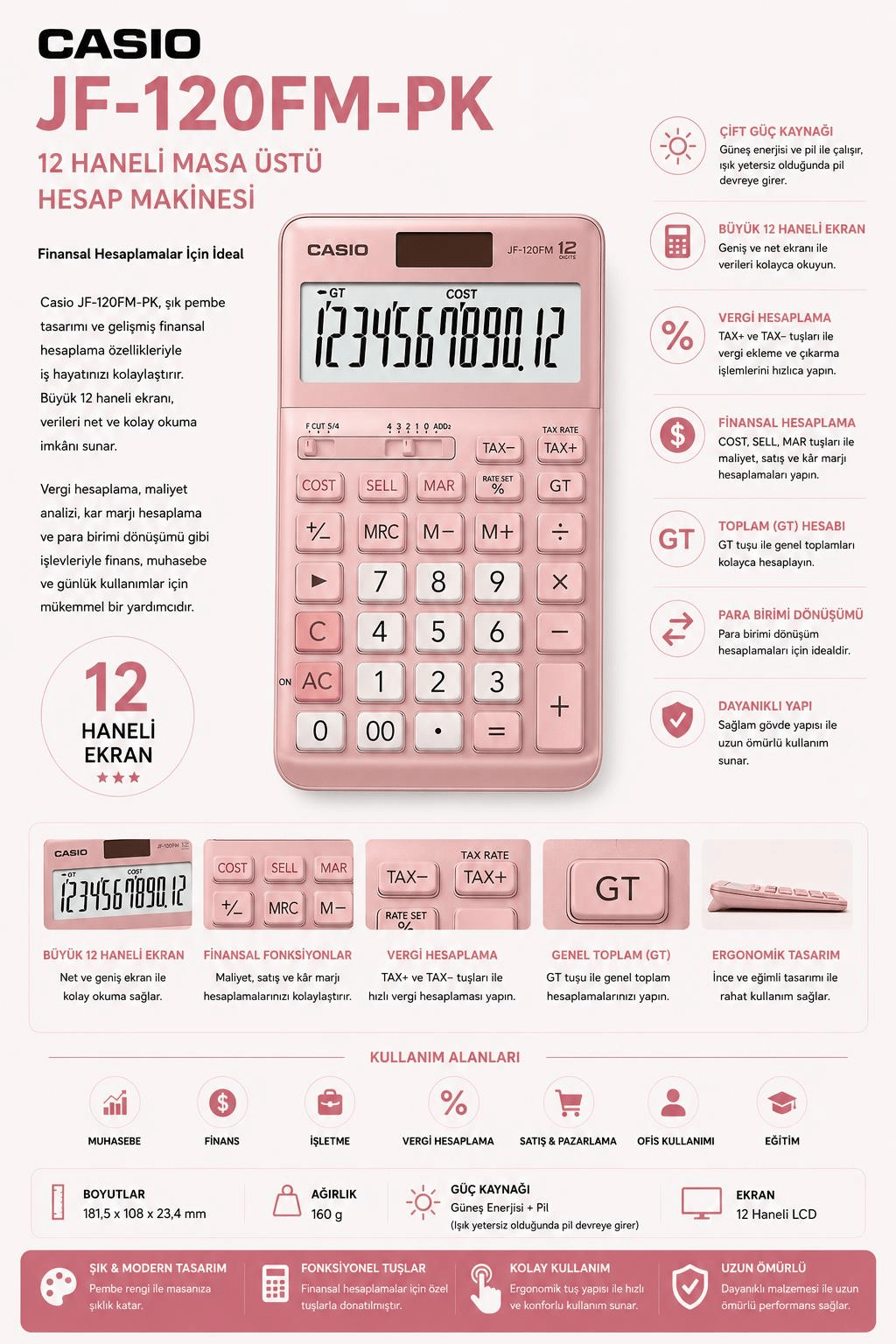 Casio JF-120FM-PK Pembe 12 Hane Masa Üstü Hesap Makinesi