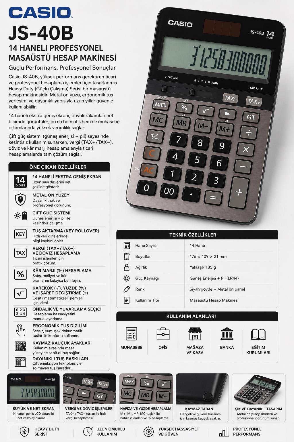 Casio JS-40B 14 Haneli Profesyonel Masaüstü Hesap Makinesi – Metal Ön Yüz, Vergi ve Döviz Hesaplama Fonksiyonlu