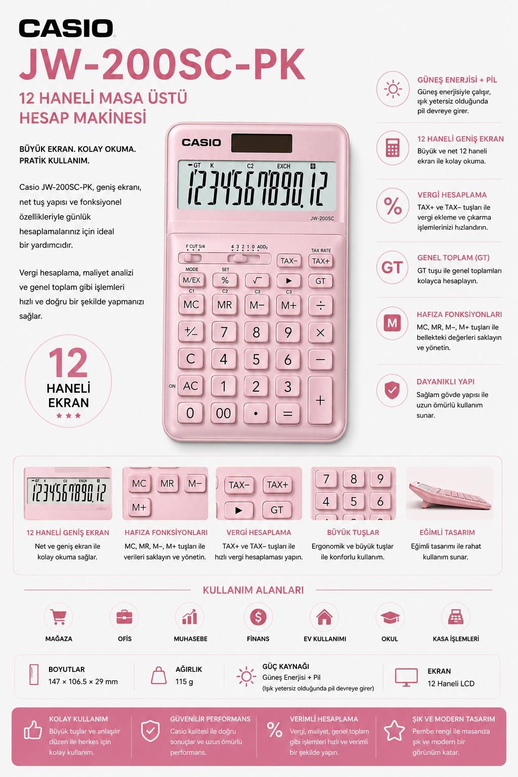 Casio JW-200SC-PK 12 Hane Pembe Masa Üstü Hesap Makinesi