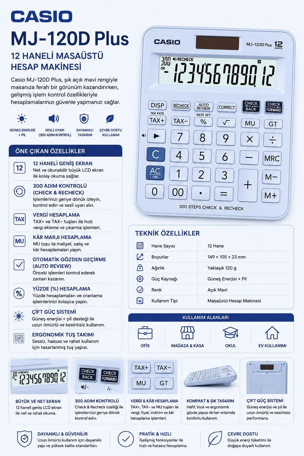 Casio MJ-120D Plus 12 Haneli Açık Mavi Masaüstü Hesap Makinesi – 300 Adım Kontrolü, Vergi ve Kâr Hesaplama Özellikli