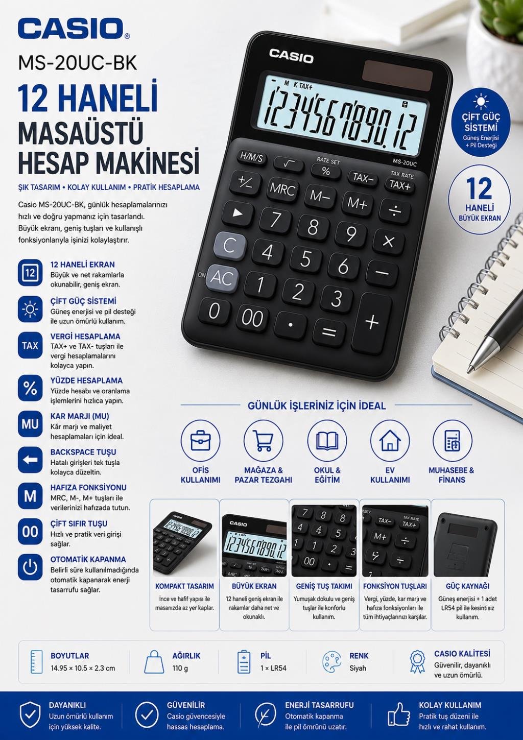Casio MS-20UC-BK 12 Hane Siyah Masa Üstü Hesap Makinesi