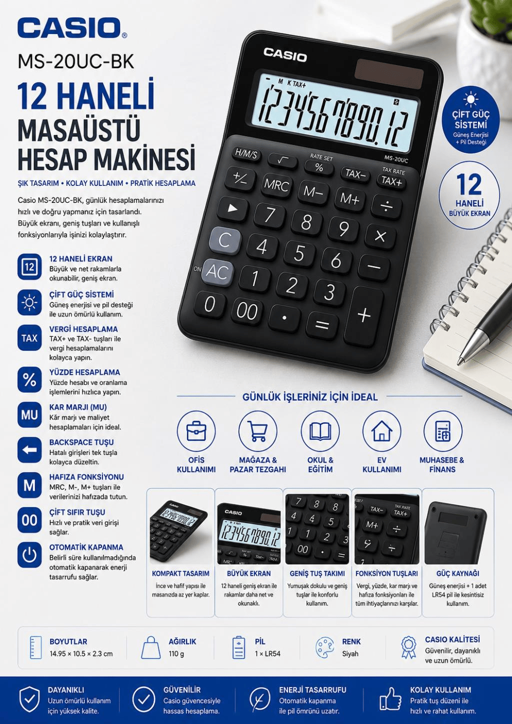 Casio MS-20UC-BK 12 Hane Siyah Masa Üstü Hesap Makinesi