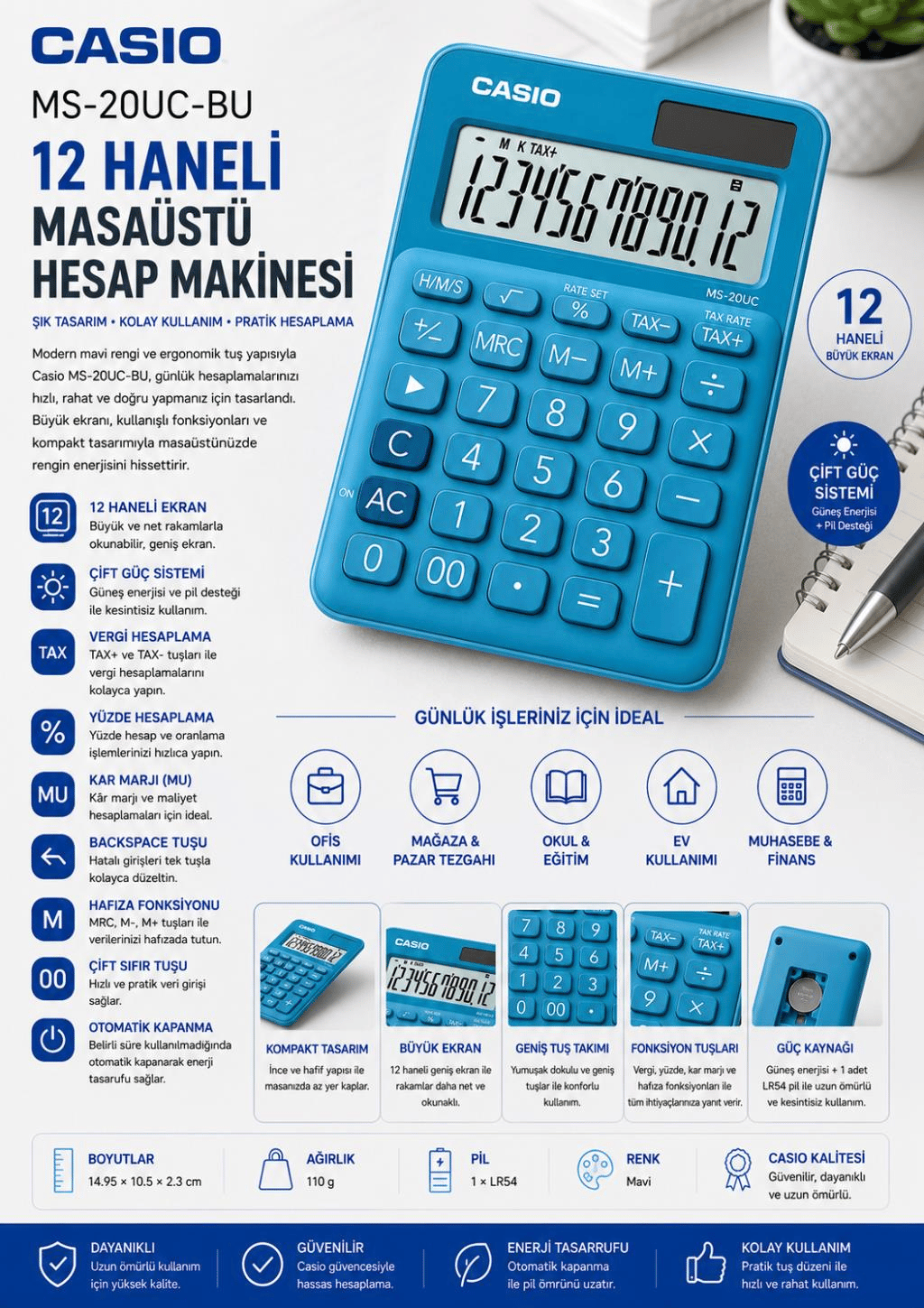 Casio MS-20UC-BU 12 Haneli Mavi Masaüstü Hesap Makinesi 