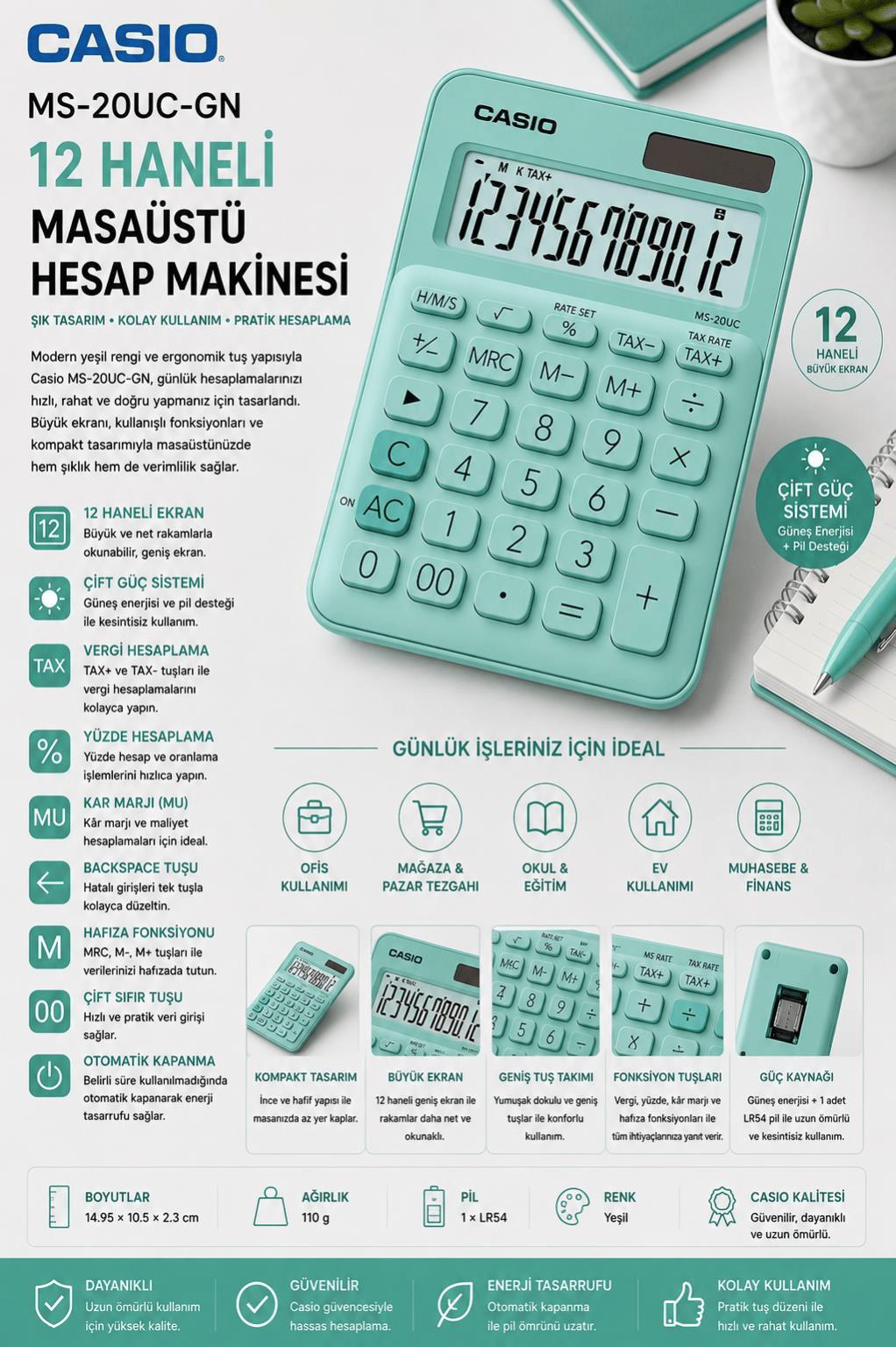 Casio MS-20UC-GN 12 Haneli Yeşil Masaüstü Hesap Makinesi – iF Design Award Ödüllü “Colorful Calculator” Serisi