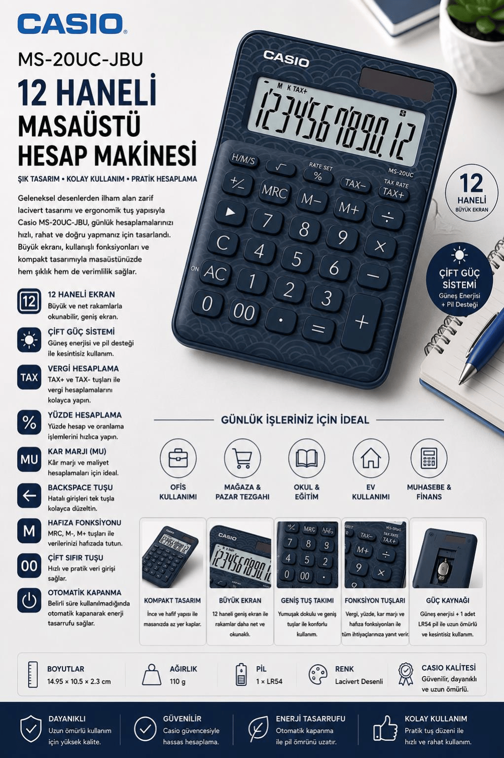 Casio MS-20UC-JBU 12 Hane Lacivert Desenli Masa Üstü Hesap Makinesi