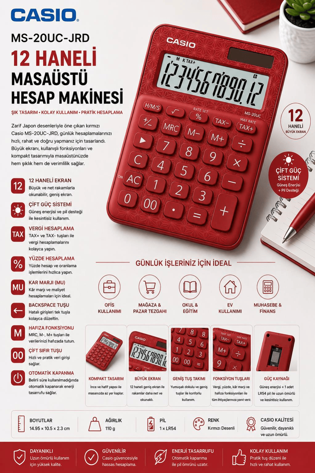 Casio MS-20UC-JRD 12 Hane Kırmızı Desenli Masa Üstü Hesap Makinesi