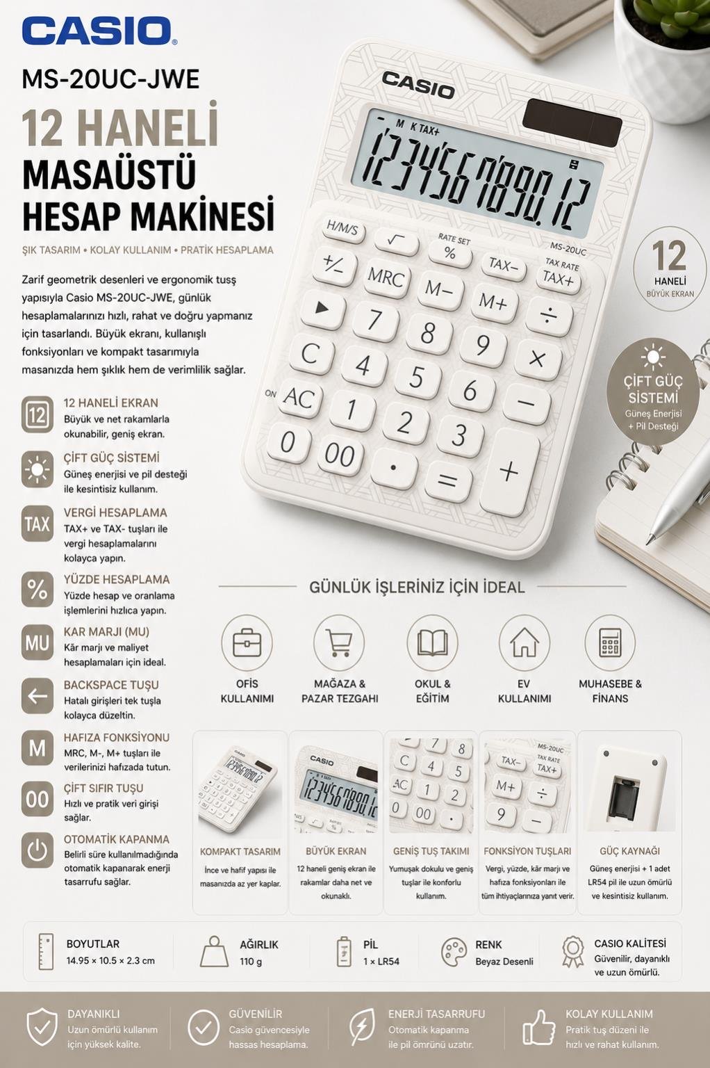 Casio MS-20UC-JWE 12 Hane Beyaz Desenli Masa Üstü Hesap Makinesi