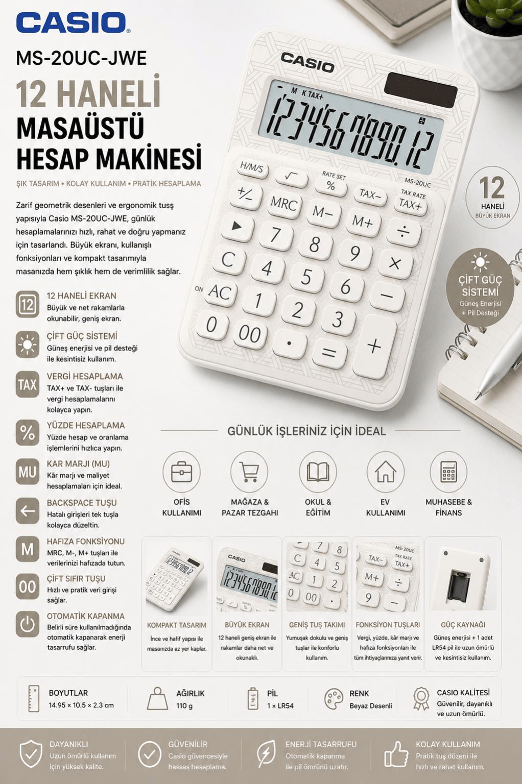Casio MS-20UC-JWE 12 Hane Beyaz Desenli Masa Üstü Hesap Makinesi