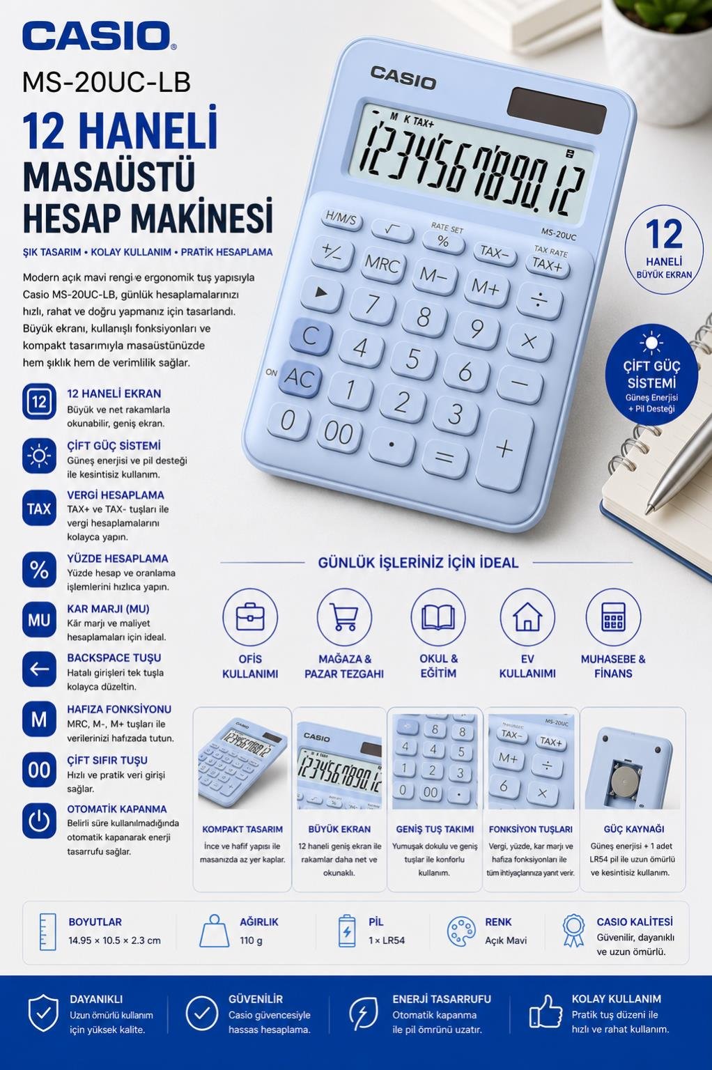 Casio MS-20UC-LB 12 Haneli Açık Mavi Masaüstü Hesap Makinesi