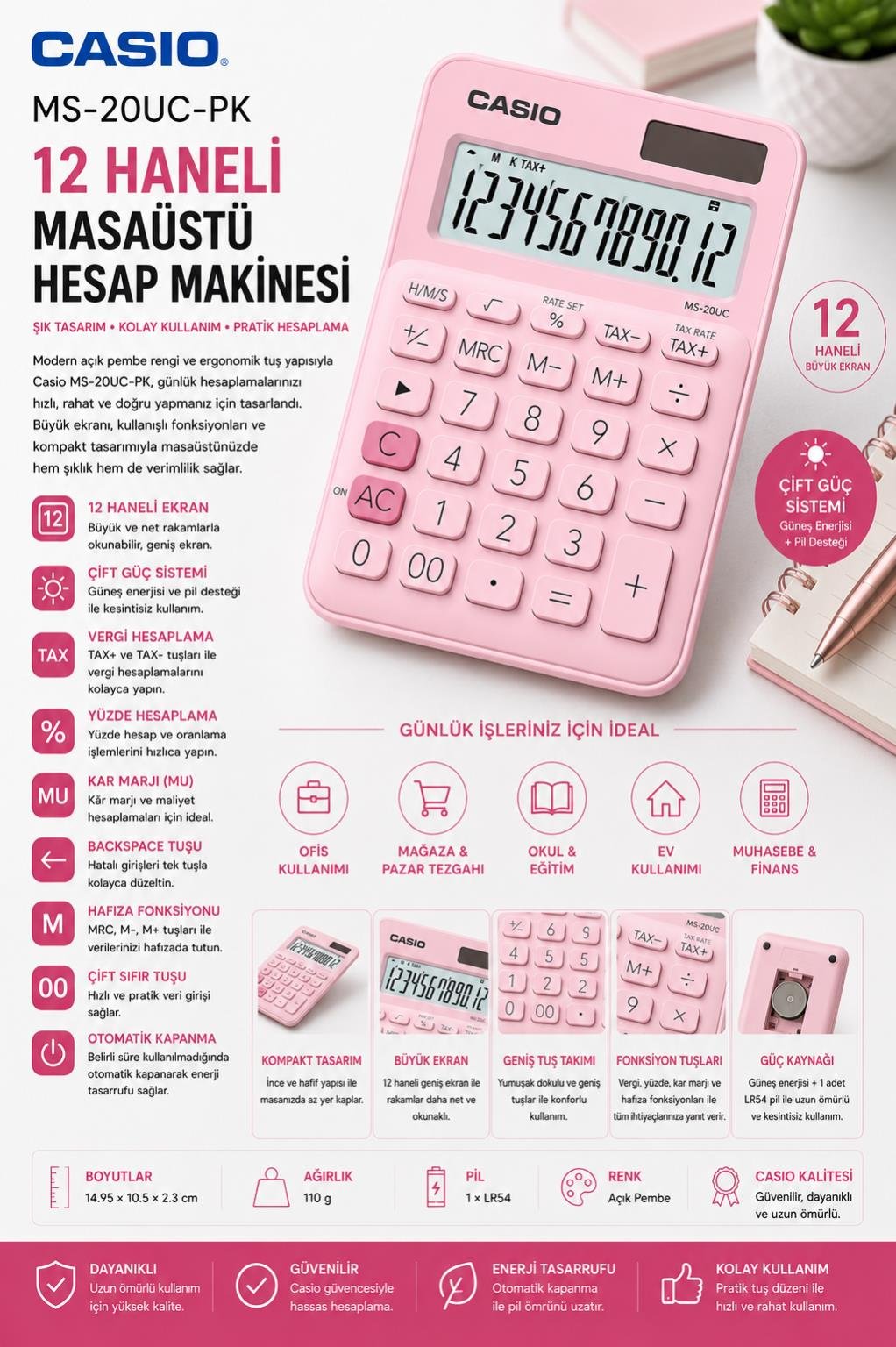 Casio MS-20UC-PK 12 Hane Açık Pembe Masa Üstü Hesap Makinesi
