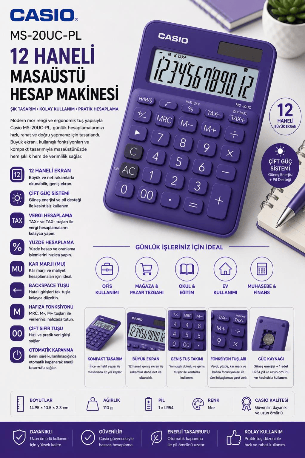 Casio MS-20UC-PL 12 Haneli Mor Masaüstü Hesap Makinesi 