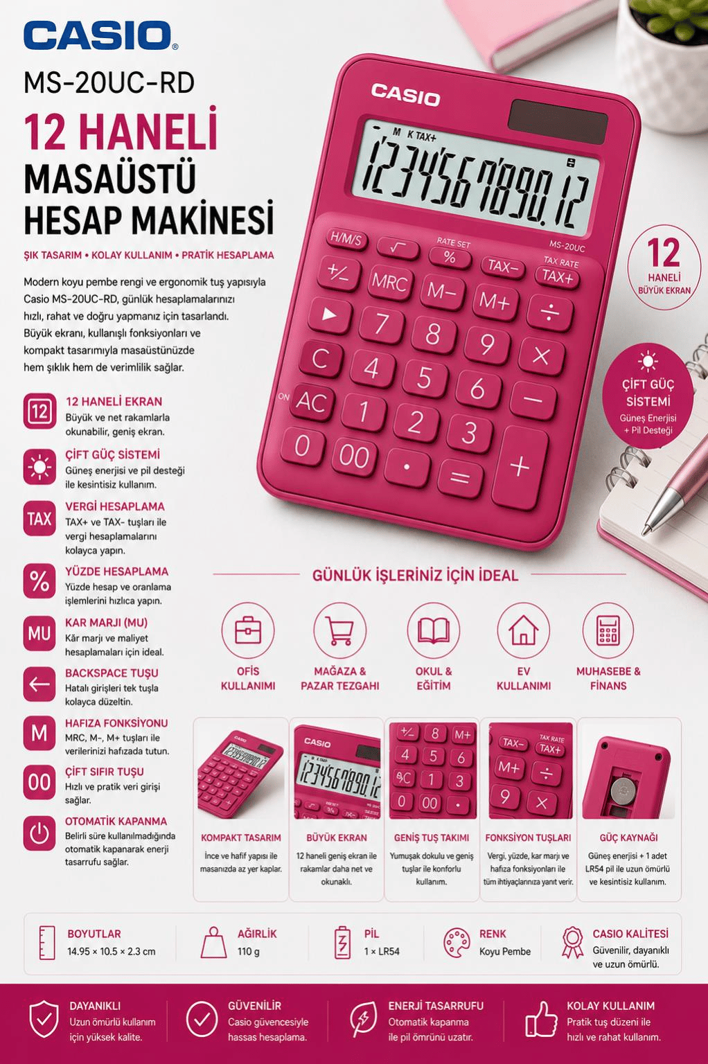 Casio MS-20UC-RD 12 Hane Koyu Pembe Masa Üstü Hesap Makinesi