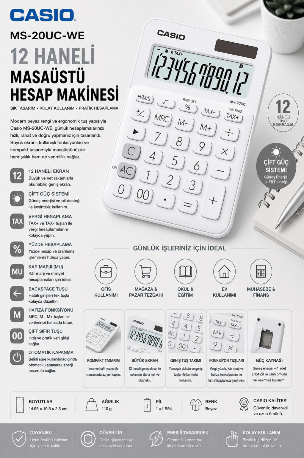 Casio MS-20UC-WE 12 Haneli Beyaz Masaüstü Hesap Makinesi 