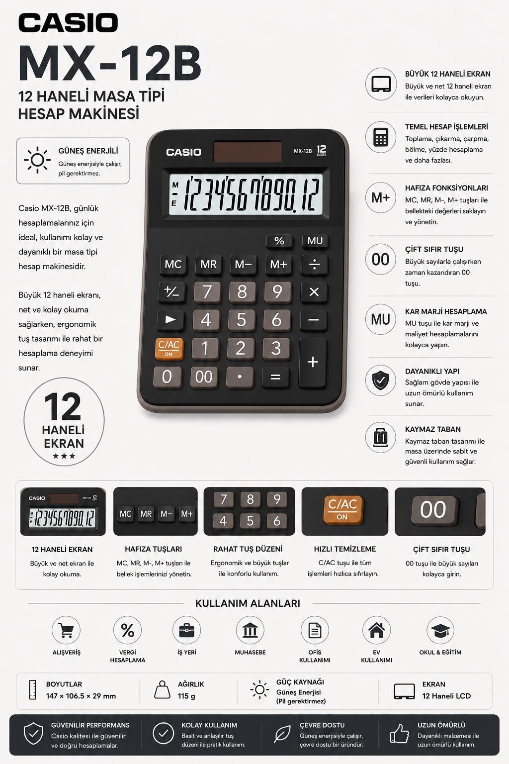 Casio MX-12B 12 Haneli Masa Tipi Hesap Makinesi – Geniş Ekranlı, Çift Güç Kaynaklı, Dayanıklı Tasarım