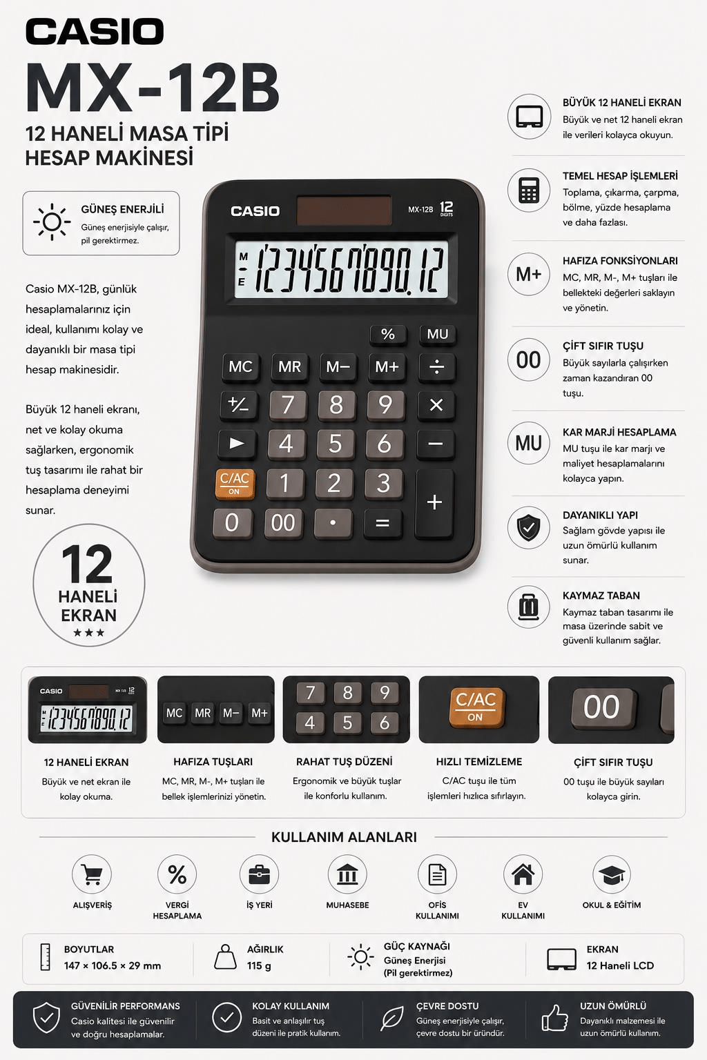 Casio MX-12B 12 Haneli Masa Tipi Hesap Makinesi – Geniş Ekranlı, Çift Güç Kaynaklı, Dayanıklı Tasarım