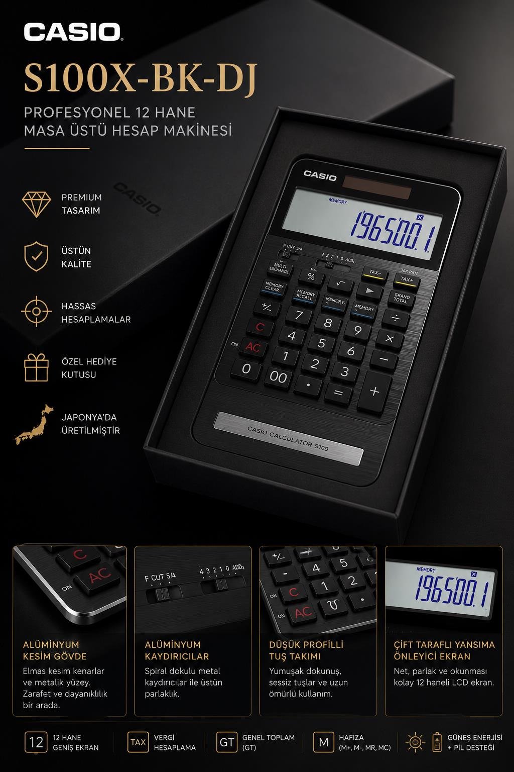 Casio S100X-BK-DJ Profesyonel 12 Hane Masa Üstü Hesap Makinesi