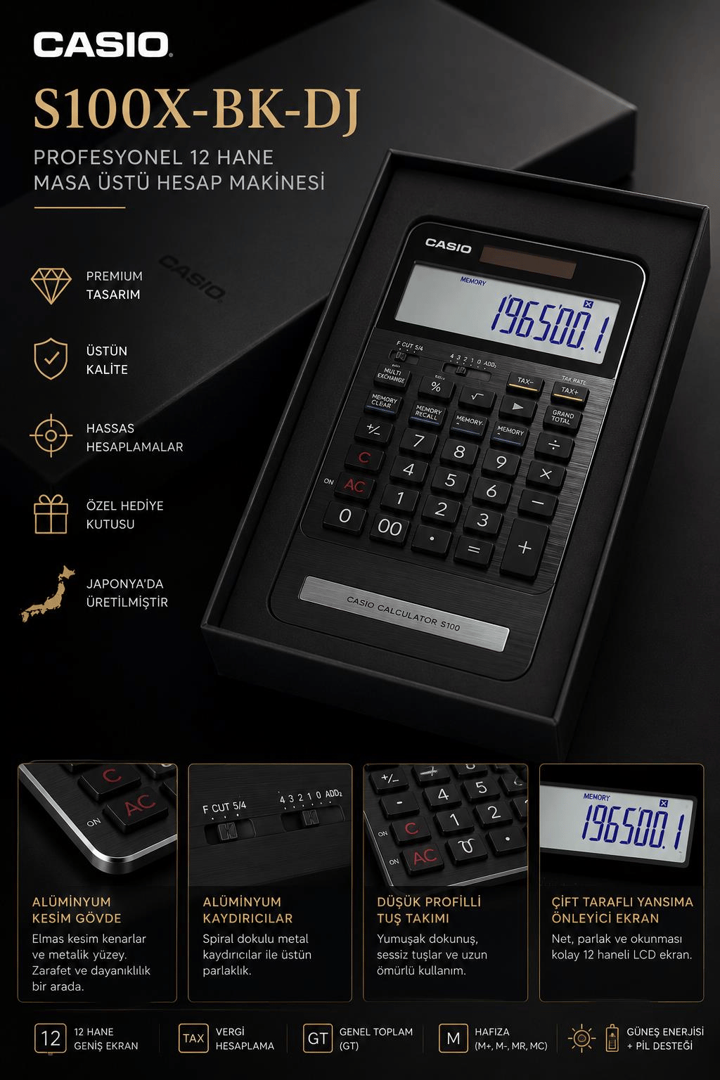 Casio S100X-BK-DJ Profesyonel 12 Hane Masa Üstü Hesap Makinesi