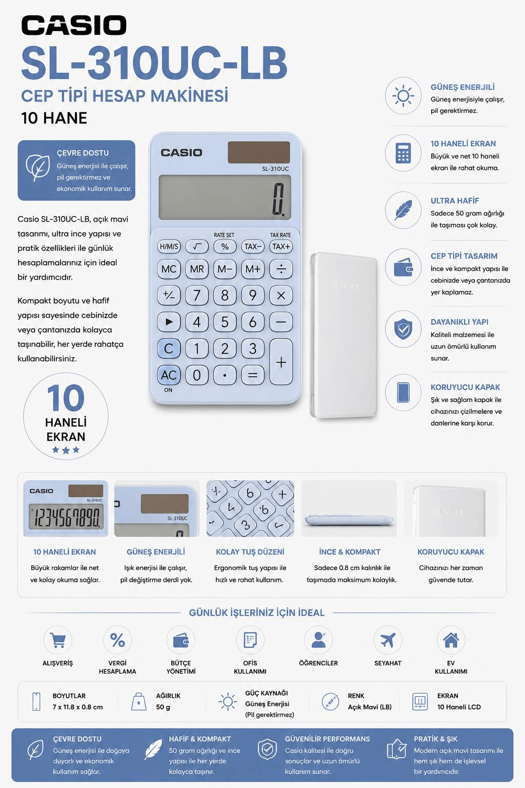 Casio SL-310UC-LB Cep Tipi 10 Hane Açık Mavi Hesap Makinesi