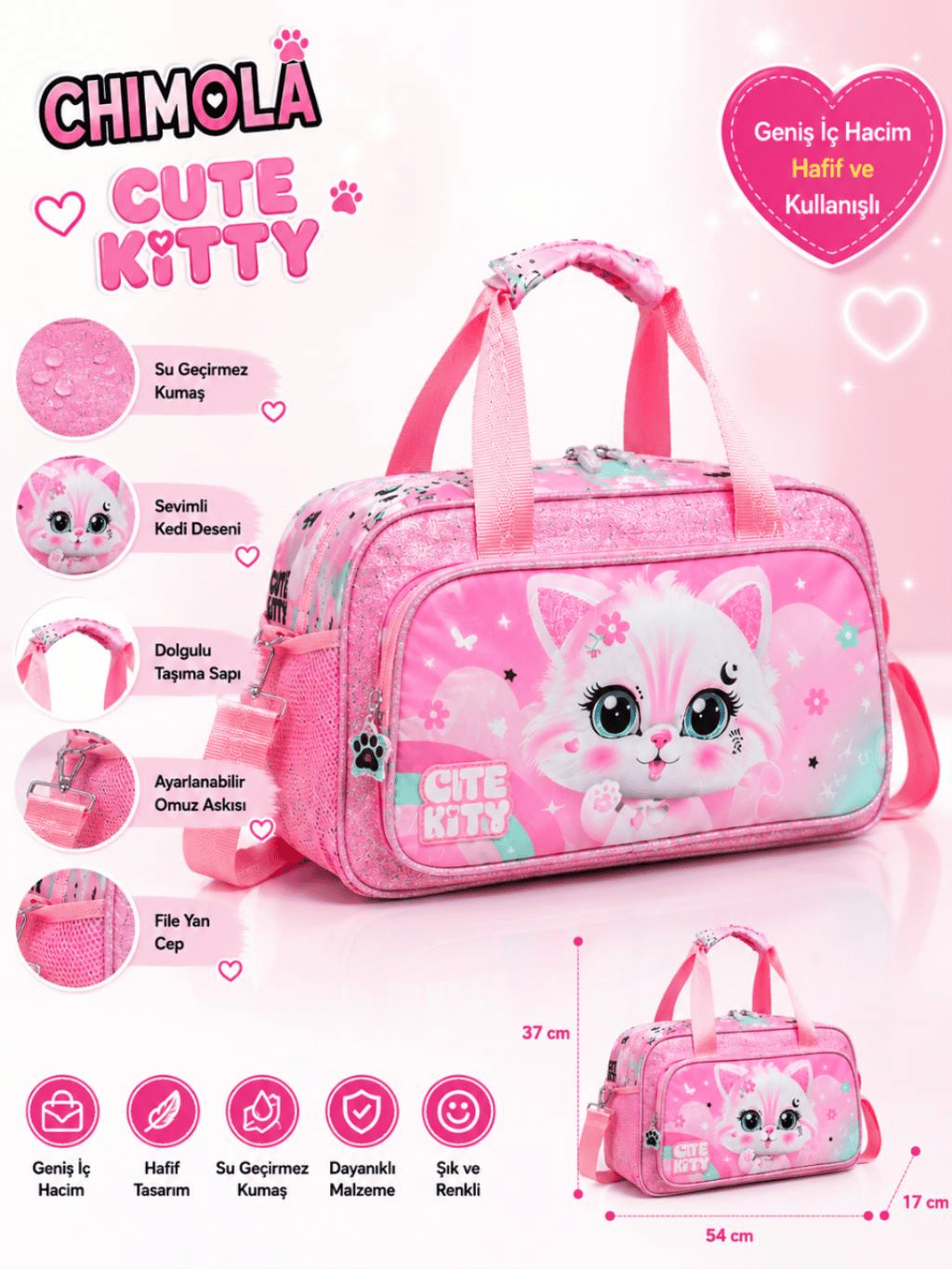 Chimola Cute Kitty Seyahat ve Spor Çantası Pembe – BP120