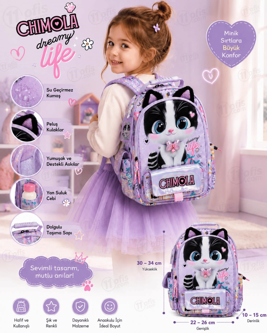 Chimola Dreamy Life Kedi Desenli 12 İnç Anaokulu Sırt Çantası – Peluş Kulaklı Lila BT287