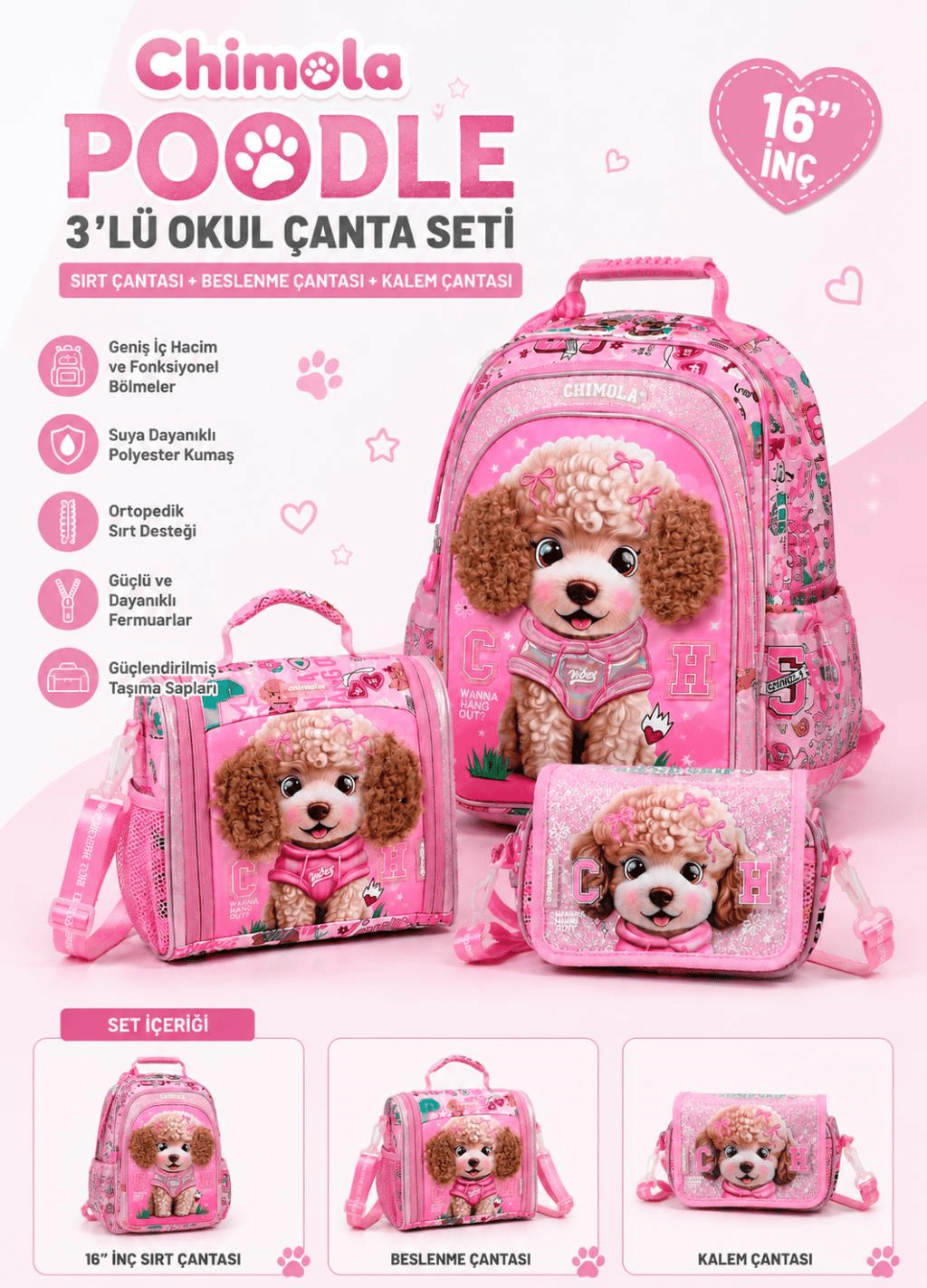 Chimola Poodle 3'lü Okul Çanta Seti | 16