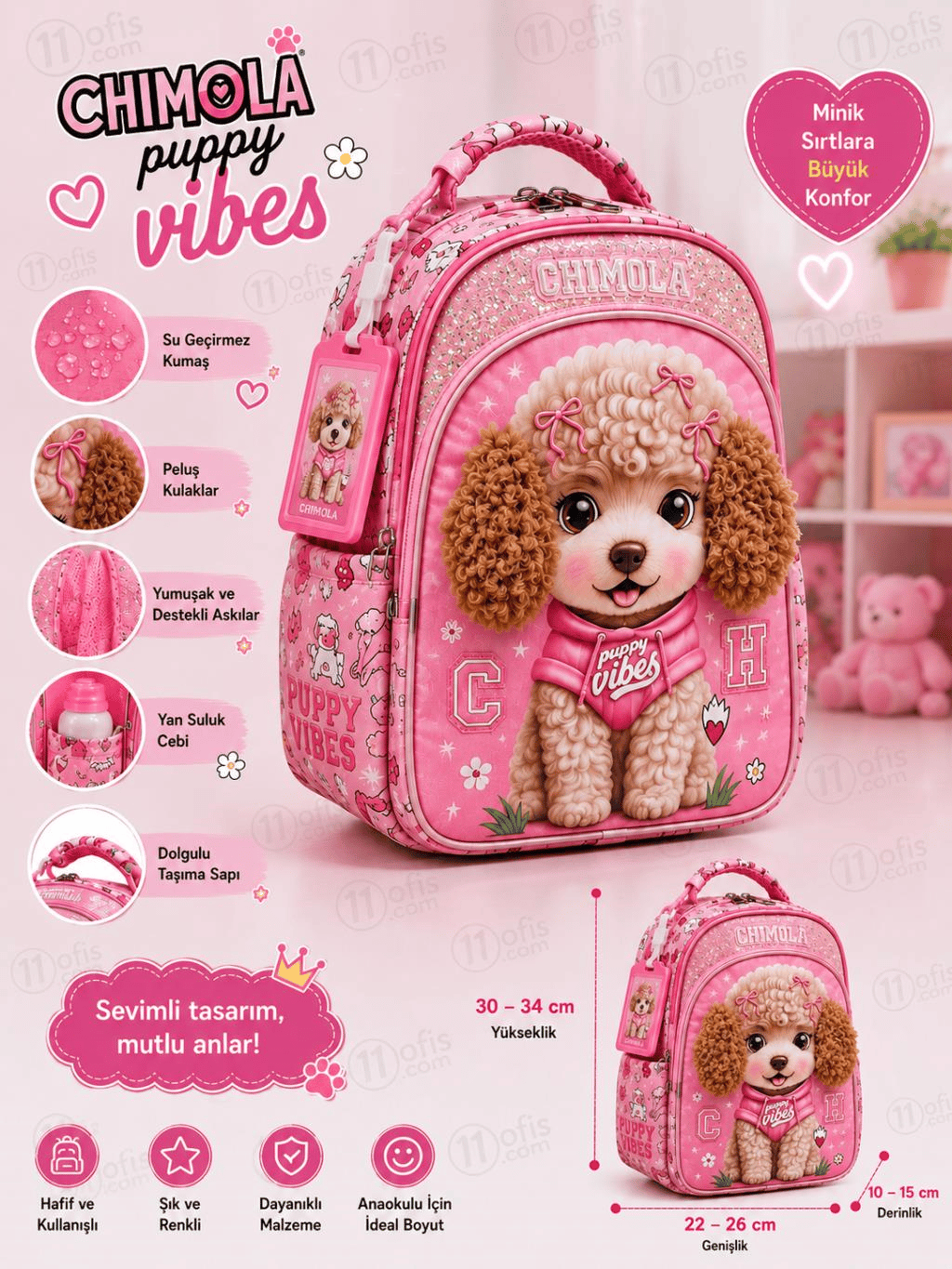 Chimola Puppy Vibes Poodle Desenli 12 İnç Anaokulu Sırt Çantası – Peluş Kulaklı BT289