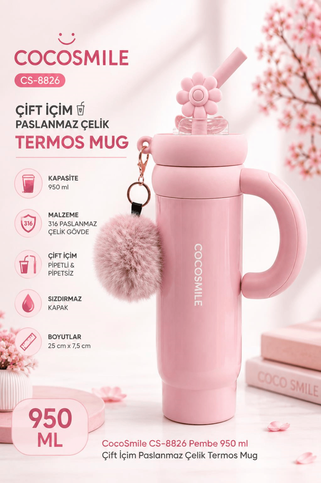 CocoSmile CS-8826 Pembe 950 ml Çift İçim Paslanmaz Çelik Termos Mug