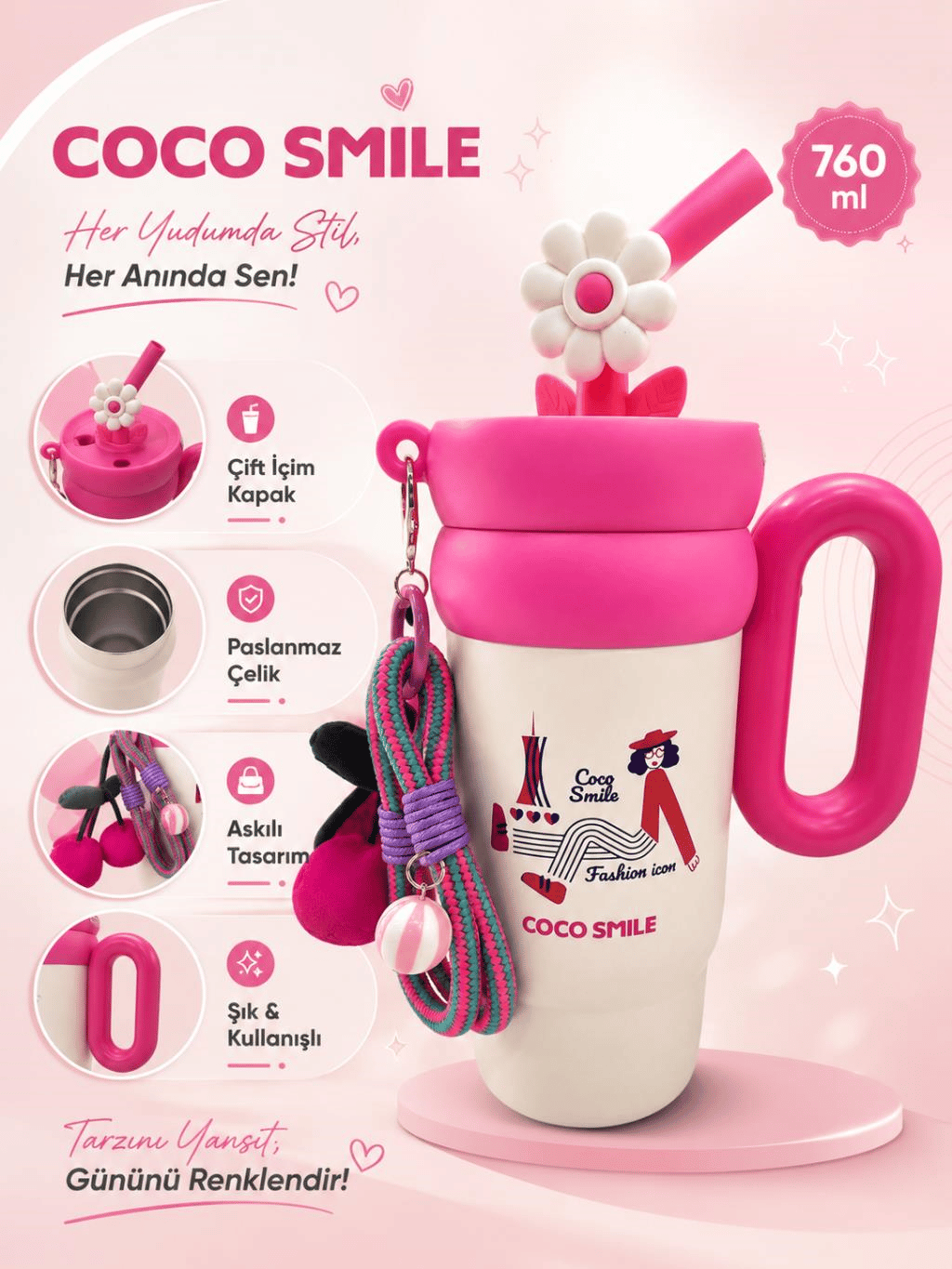 CocoSmile CS-8827 Fuşya 760 ml Çift İçim Paslanmaz Çelik Termos Mug Matara Askılı