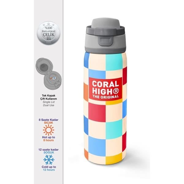 Coral High Çok Renkli Dama Desenli Pipetli ve Direkt İçim Çelik Termos 800 ml 38503