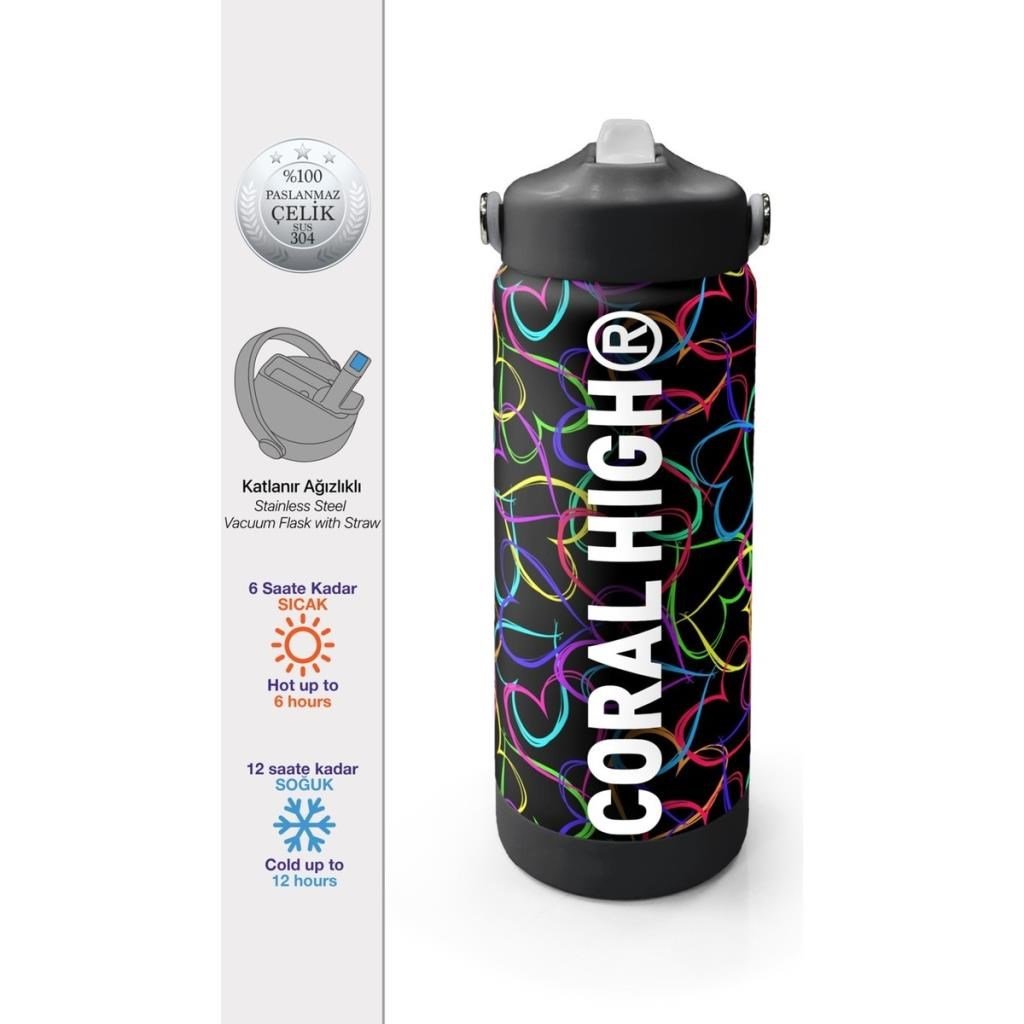 Coral High Çok Renkli Kalp Lavanta Kamuflaj Desenli Katlanır Ağızlıklı Çelik Termos 650 ml 38382