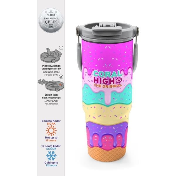 Coral High Dondurma Desenli Pipetli ve Direkt İçim Çelik Termos 900 ml 38741