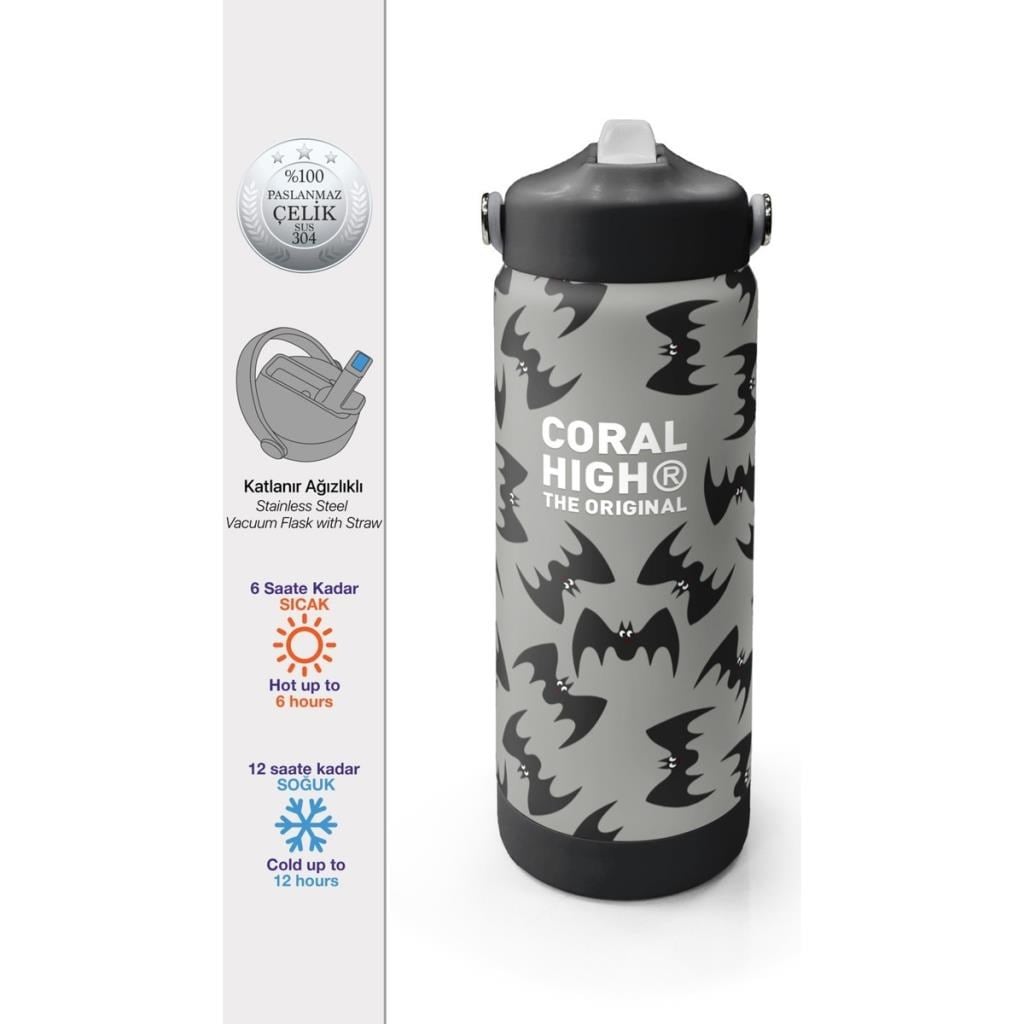 Coral High Gri Siyah Yarasa Desenli Katlanır Ağızlıklı Çelik Termos 650 ml 38326
