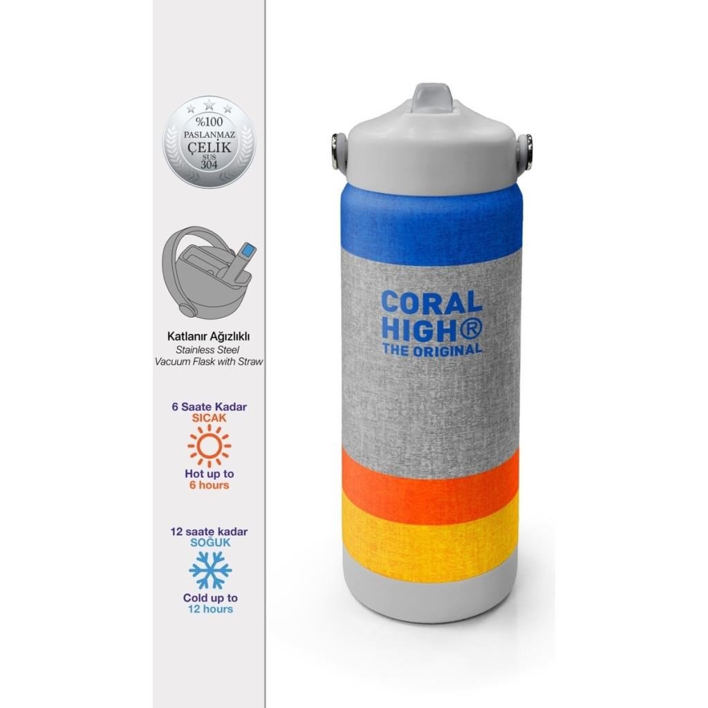 Coral High Gri Turuncu Çizgi Desenli Katlanır Ağızlıklı Çelik Termos 650 ml 38321