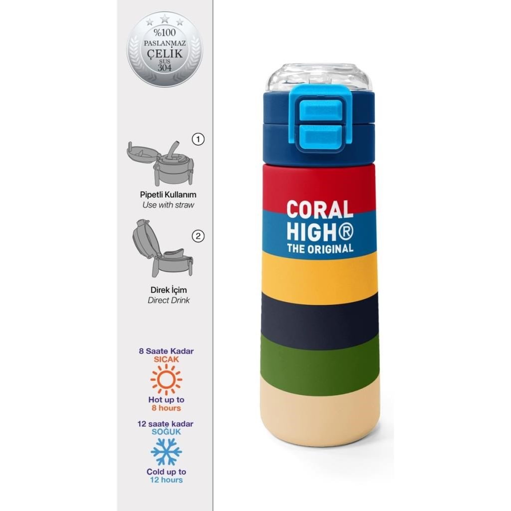 Coral High Kids Çok Renkli Çizgi Desenli Pipetli ve Direkt İçim Çelik Termos 500 ml 38112