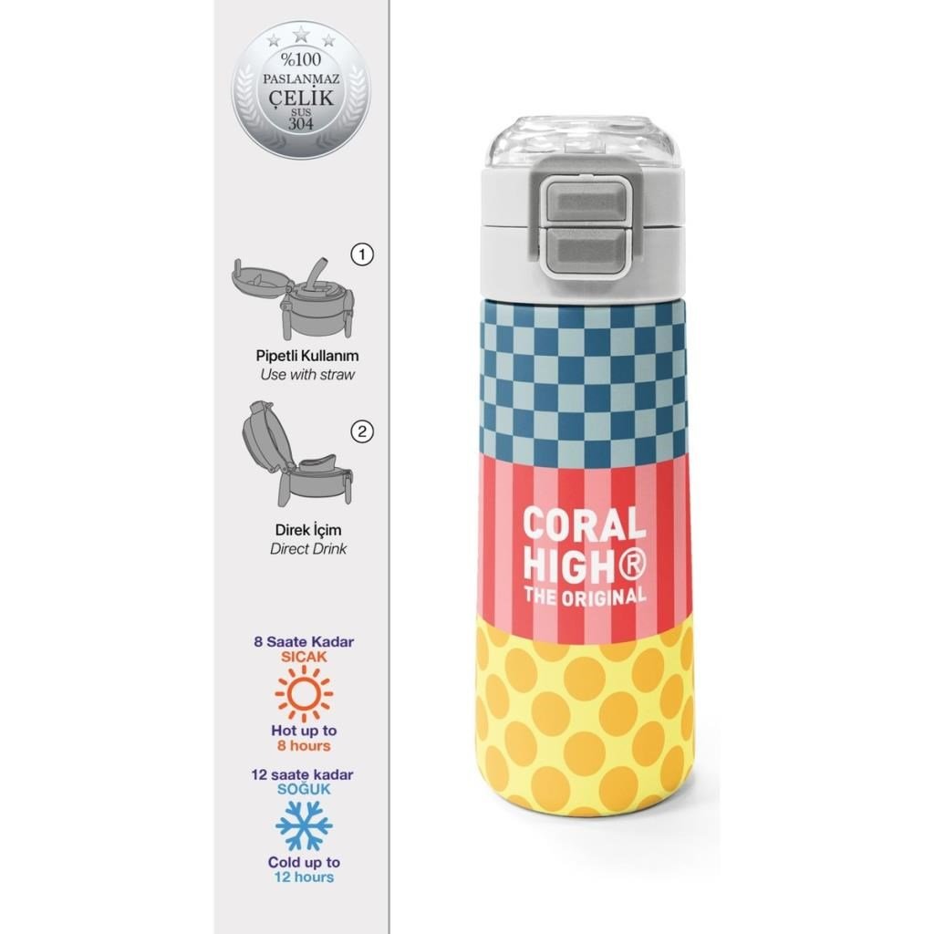Coral High Kids Çok Renkli Dama Çizgi Puantiye Desenli Pipetli ve Direkt İçim Çelik Termos 500 ml 38104
